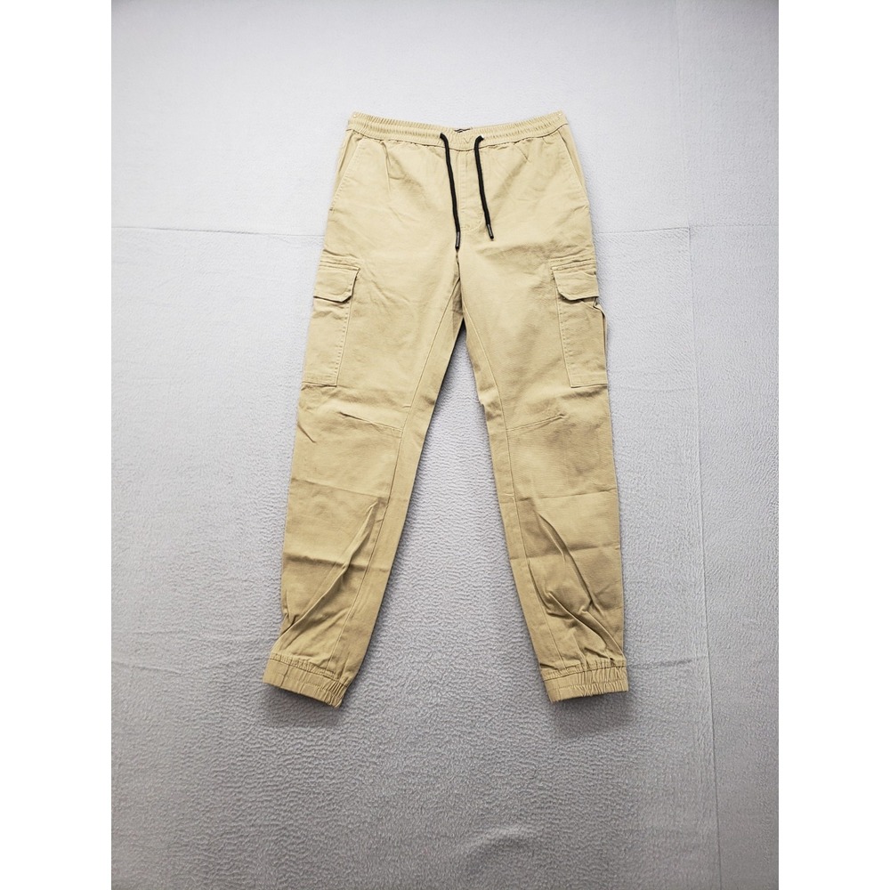 Forever 21 Men Cargo Jogger S Beige Drawstring Waist Utility Pockets Tapered Leg